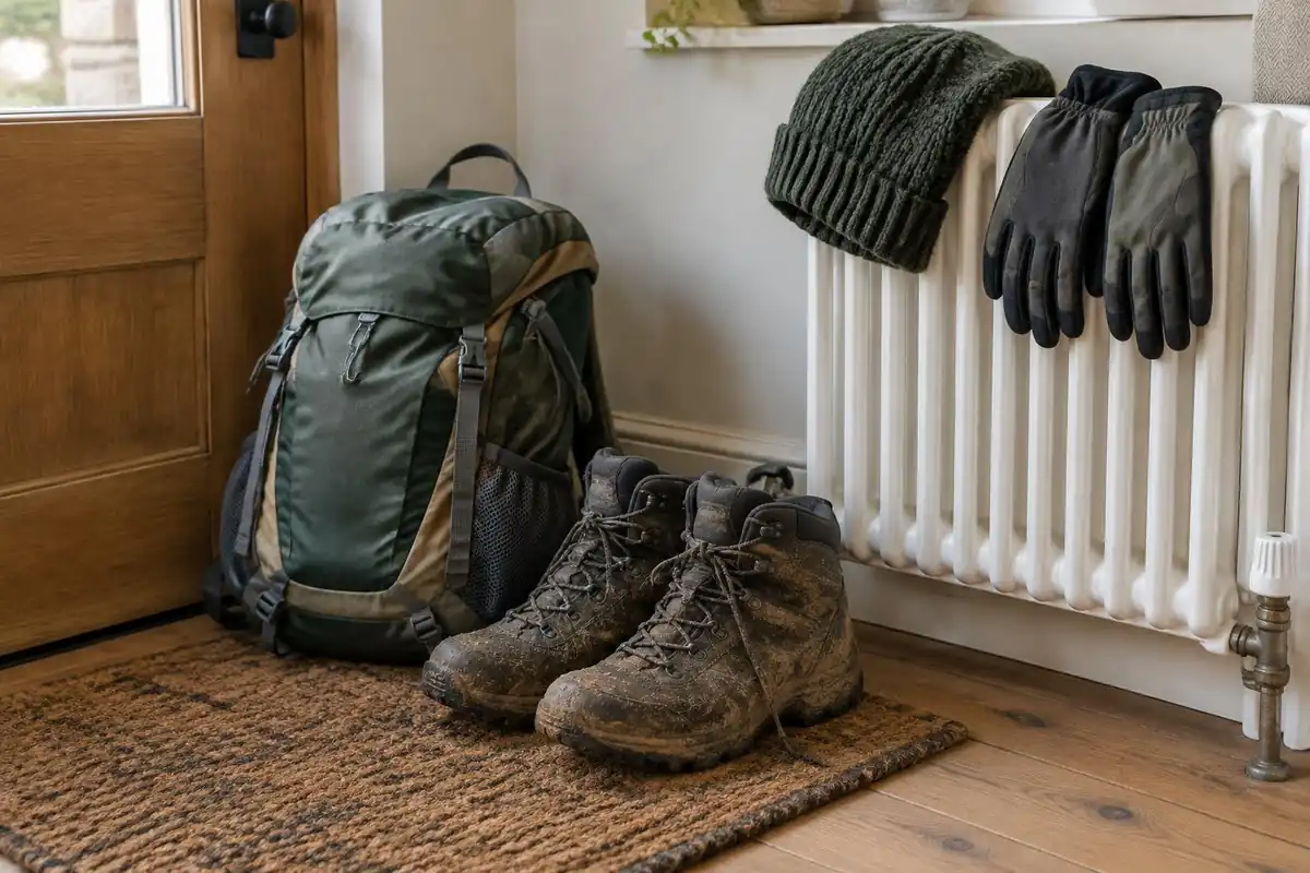 Muddy boots, small pack and wool hat drying on a guesthouse doormat and radiator