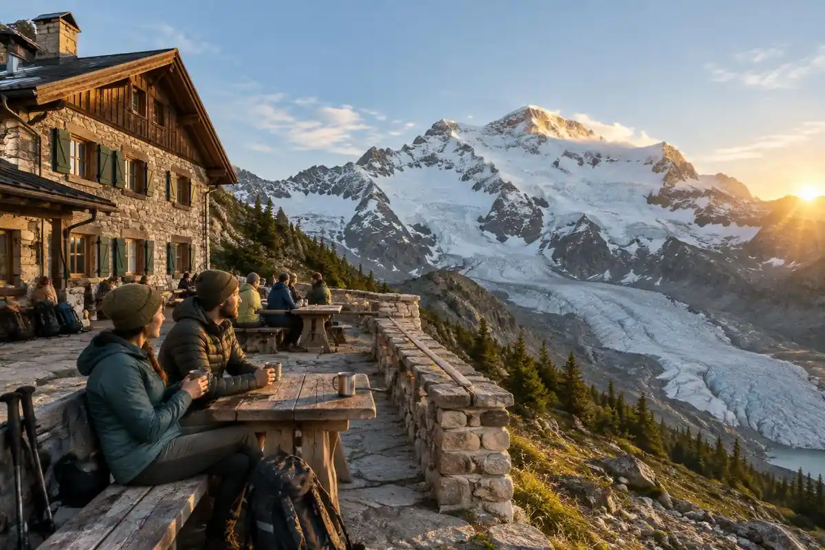 An alpine refuge with a terrace above a glaciated massif at golden hour