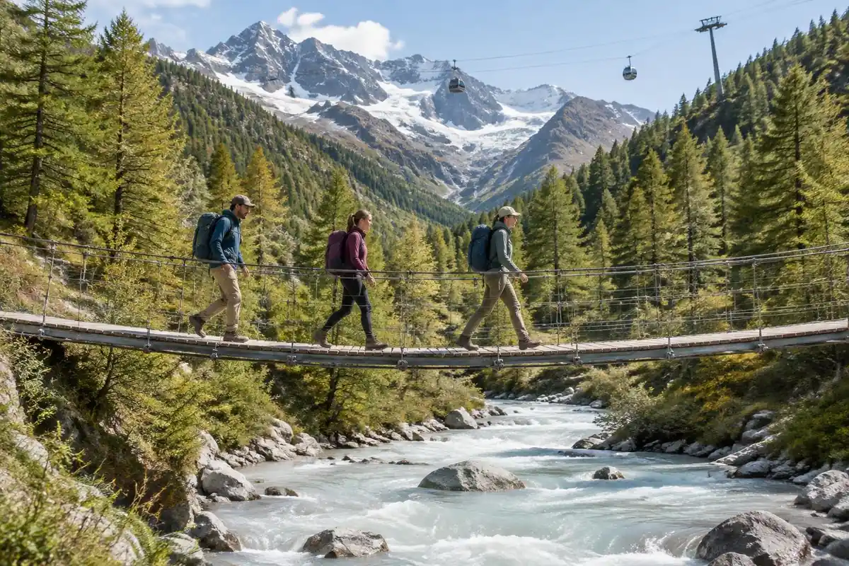 Walkers crossing a suspension footbridge above a glacial stream on the way to a refuge