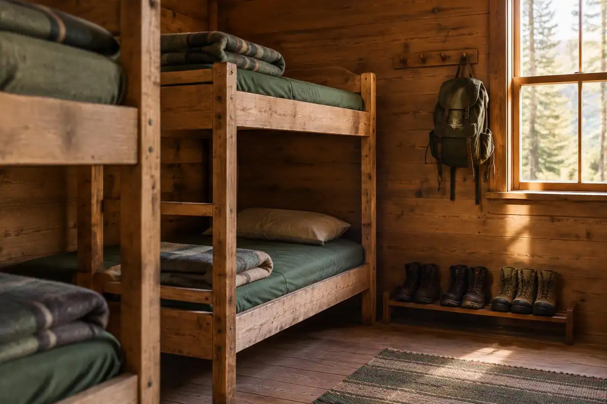 A bunkroom with tidy stacked packs and boots beneath a wooden shelf in a mountain refuge