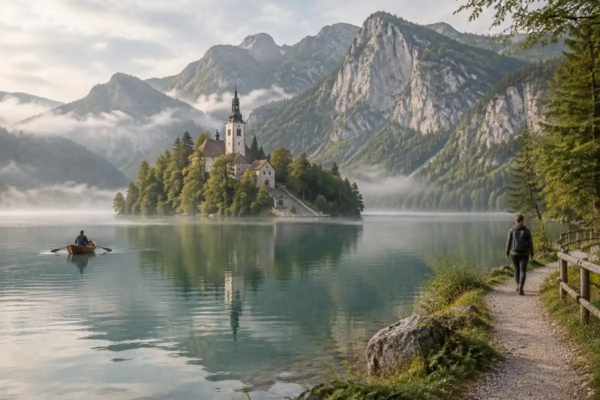 Small island church on an alpine lake beneath limestone crags with a rowing boat