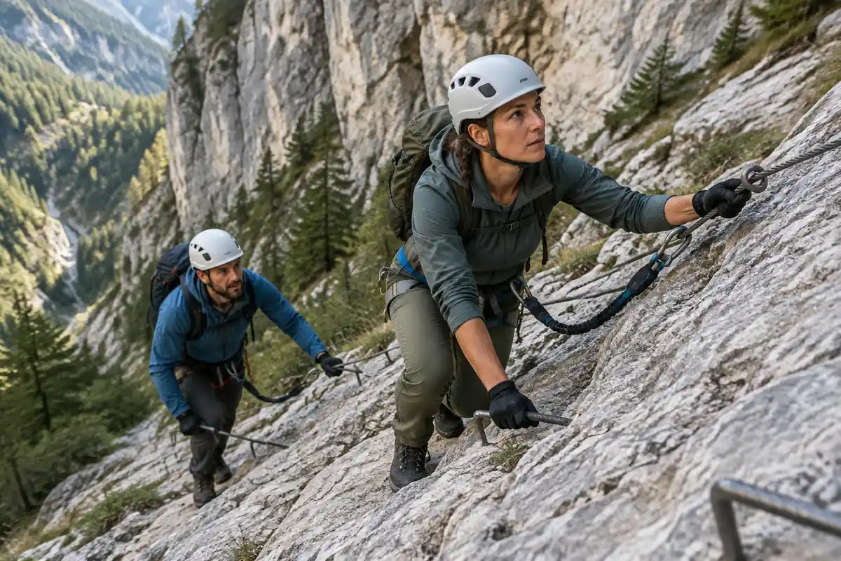 Hikers scrambling a rocky slab with a fixed cable, wearing helmets