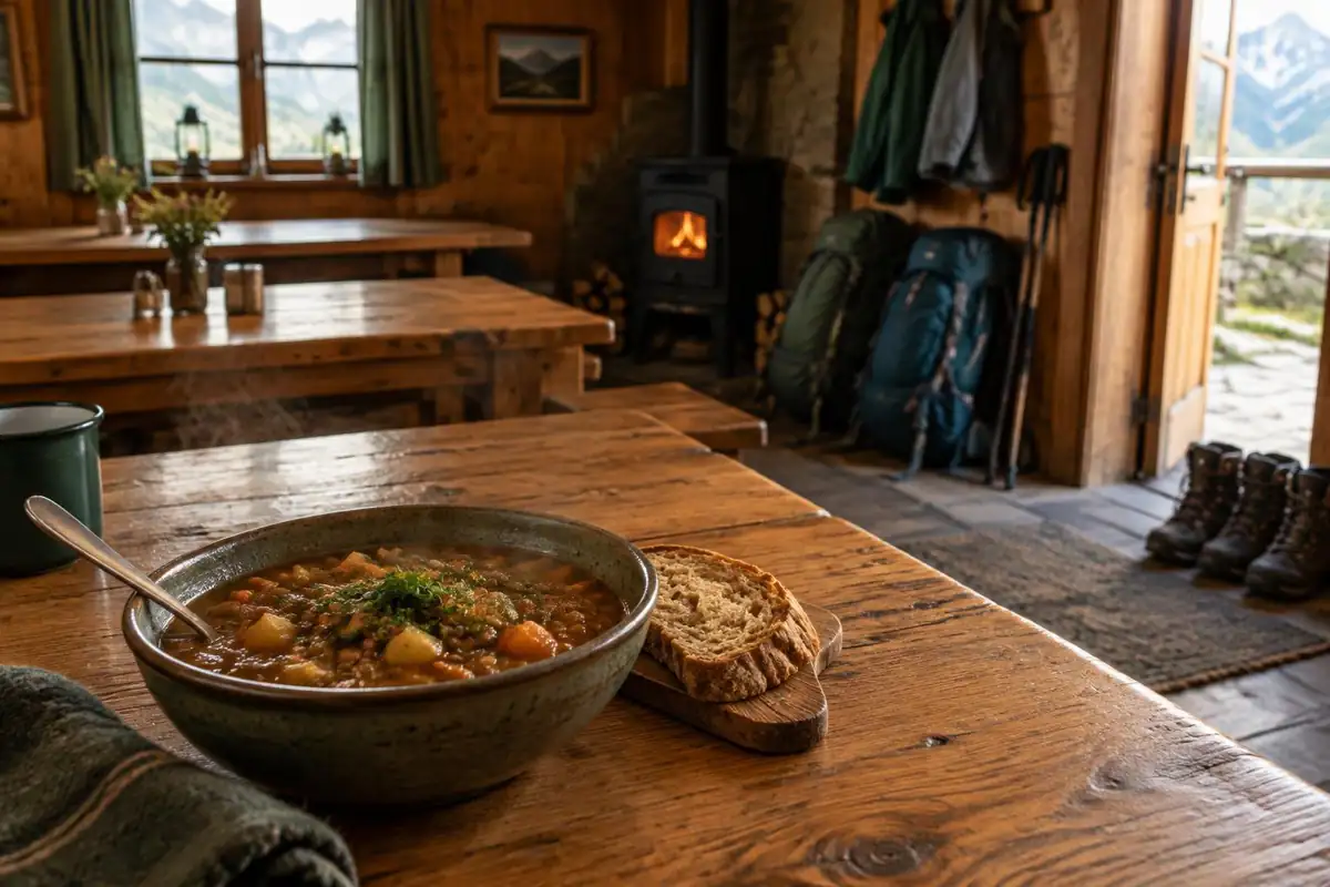 Bowl of stew with bread on a long wooden hut table with packs in a corner