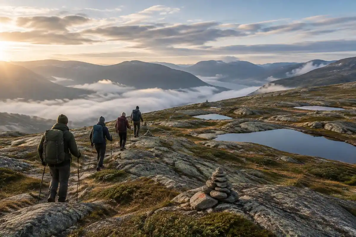 Line of hikers on a cairn-marked route across a high granite plateau