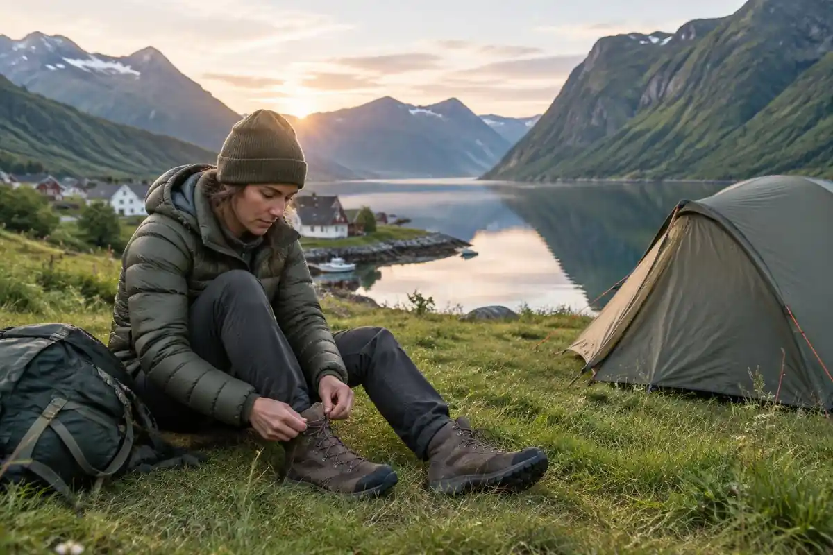 Hiker lacing boots beside a small tent at a dawn lakeside campsite