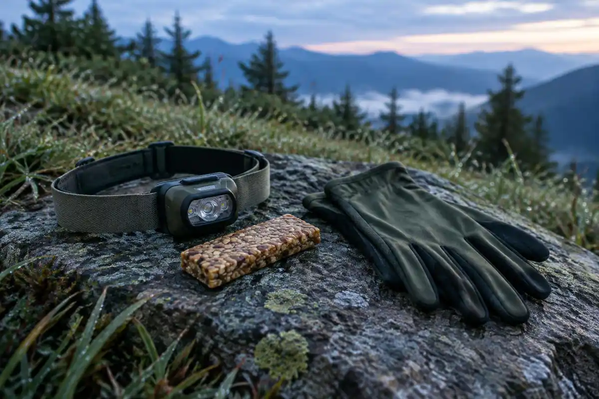 Headlamp, an energy bar and thin gloves laid out on a flat rock at dawn