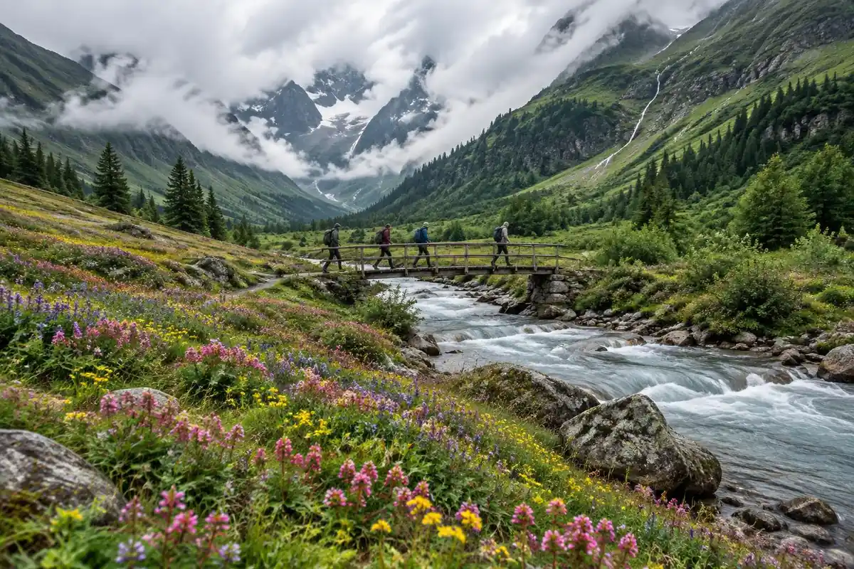 Alpine valley carpeted in wildflowers with walkers on a wooden footbridge