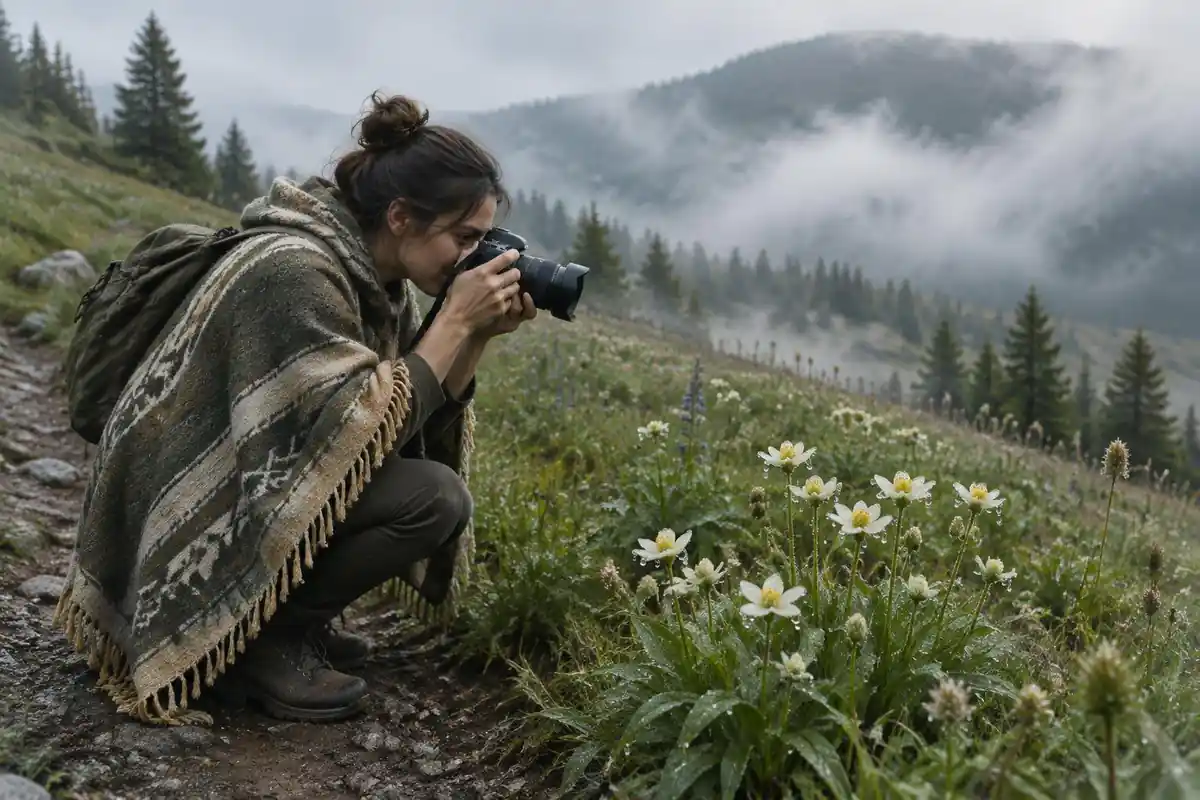 Woman in a poncho crouching beside the trail to photograph wildflowers