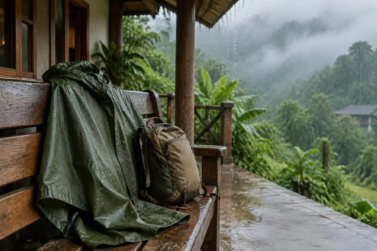 Rain poncho and small pack over a guesthouse porch bench in monsoon rain