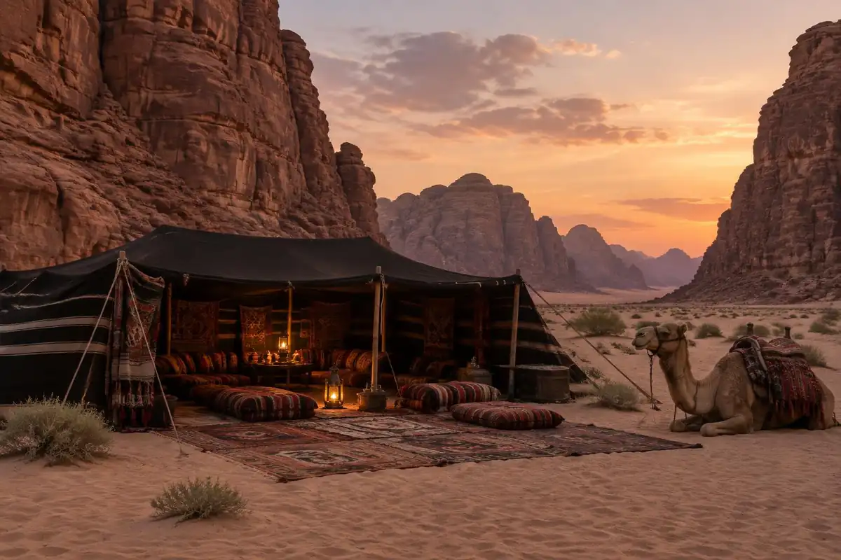 Red sandstone desert with a low tent camp glowing at dusk