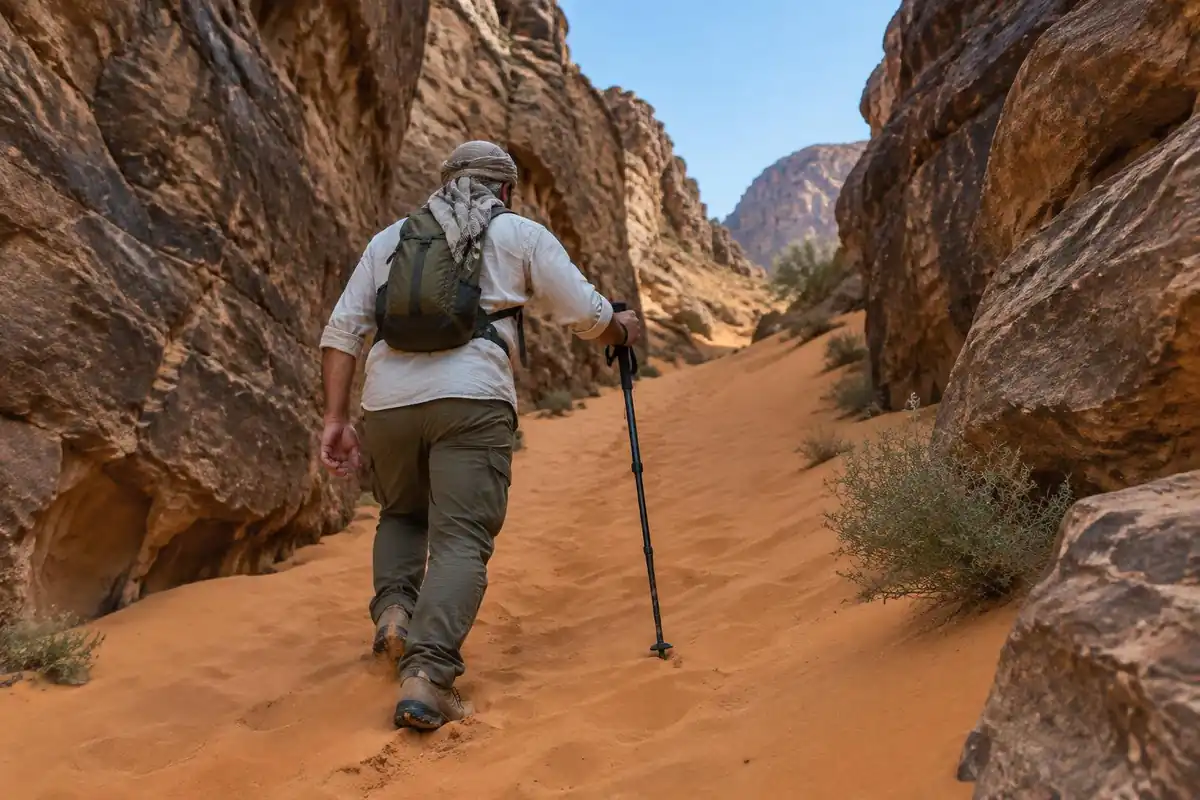 Hiker in a scarf climbing a soft sand slope between rock walls