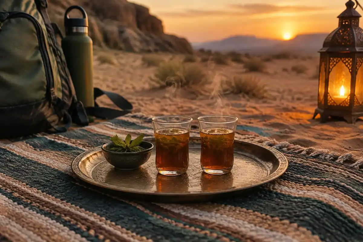 Small glasses of tea on a woven mat beside a daypack