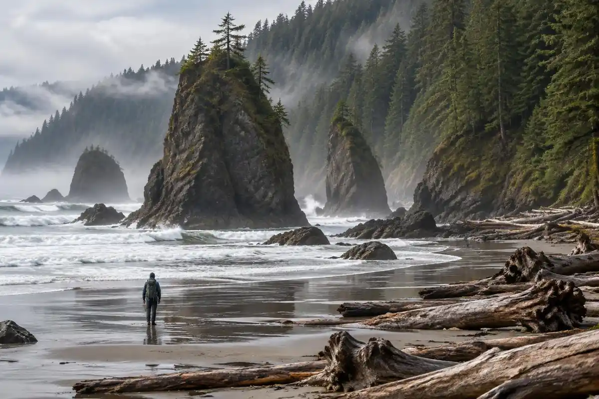 A wild coast of sea caves, boardwalk over bog and temperate rainforest edge
