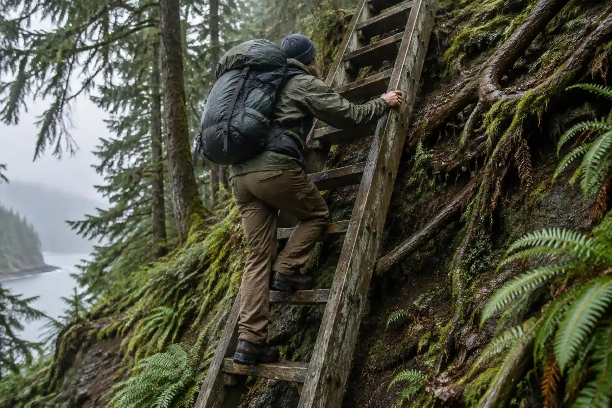 A hiker climbing a tall wooden ladder up a forested bluff with a heavy pack