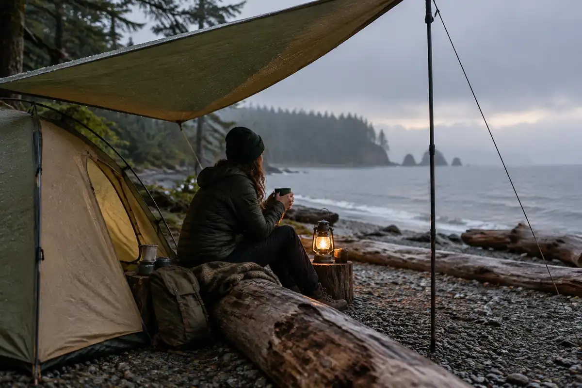 A rain tarp camp on a beach with a tide chart and driftwood drying rack