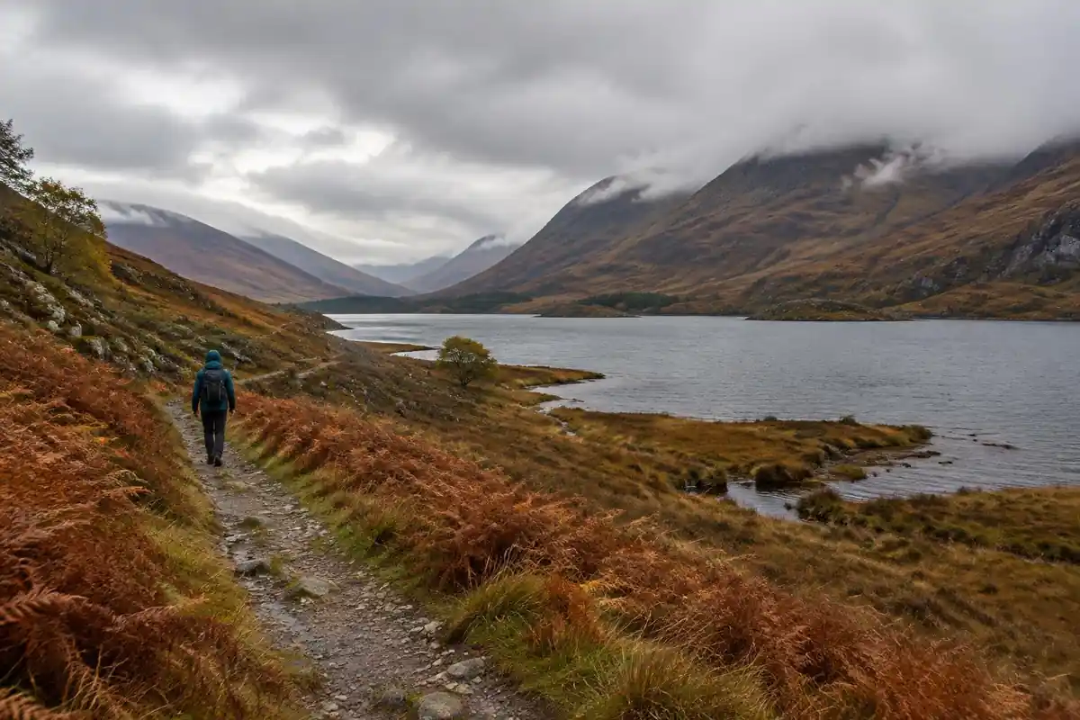 Lochside path through a bracken-covered glen under low grey clouds