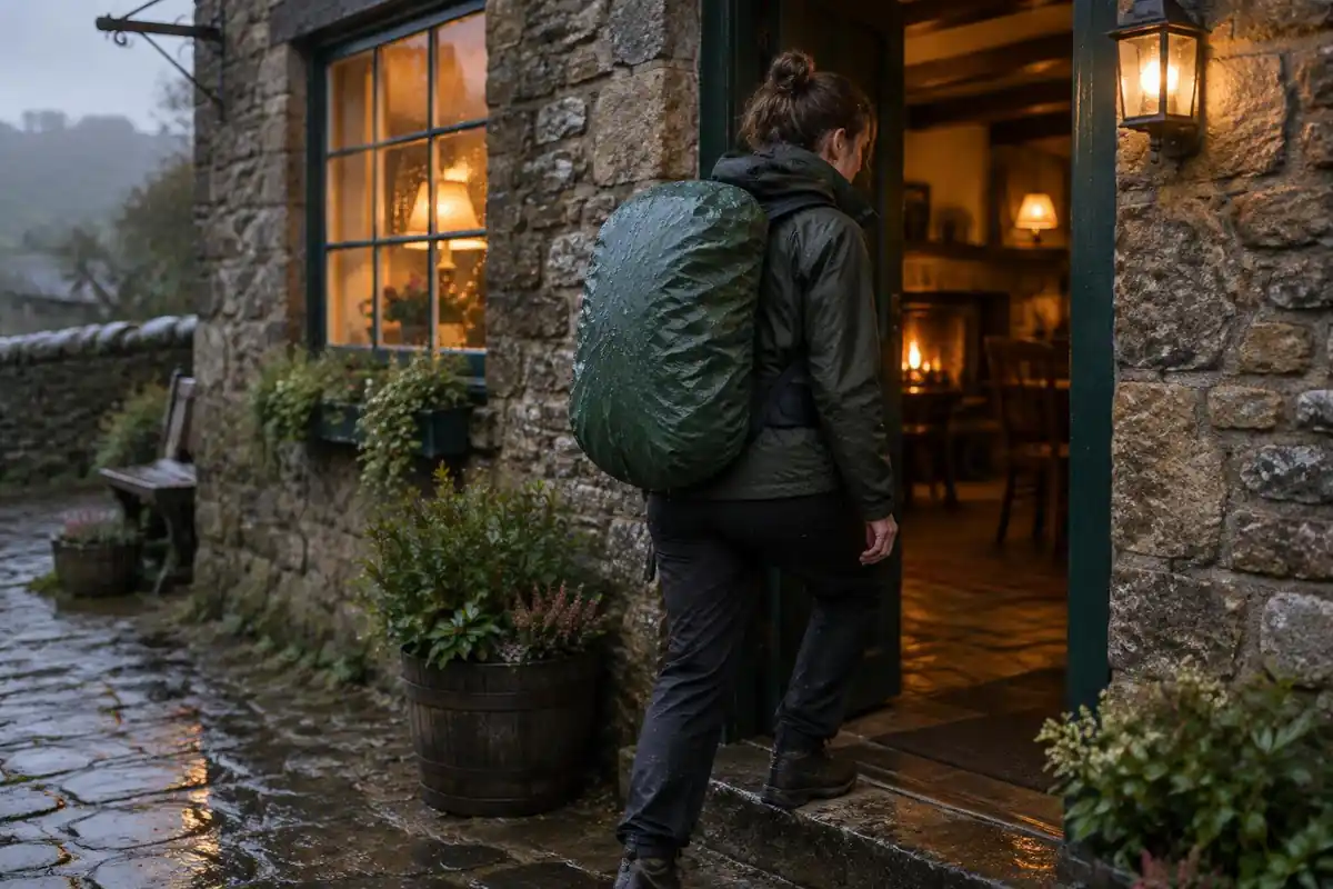 Woman in waterproofs stepping into a stone inn on a drizzly dusk