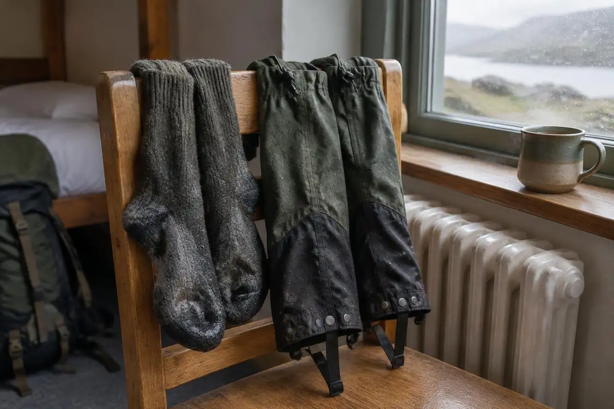 Wet socks and gaiters drying over a chair beside a hostel radiator