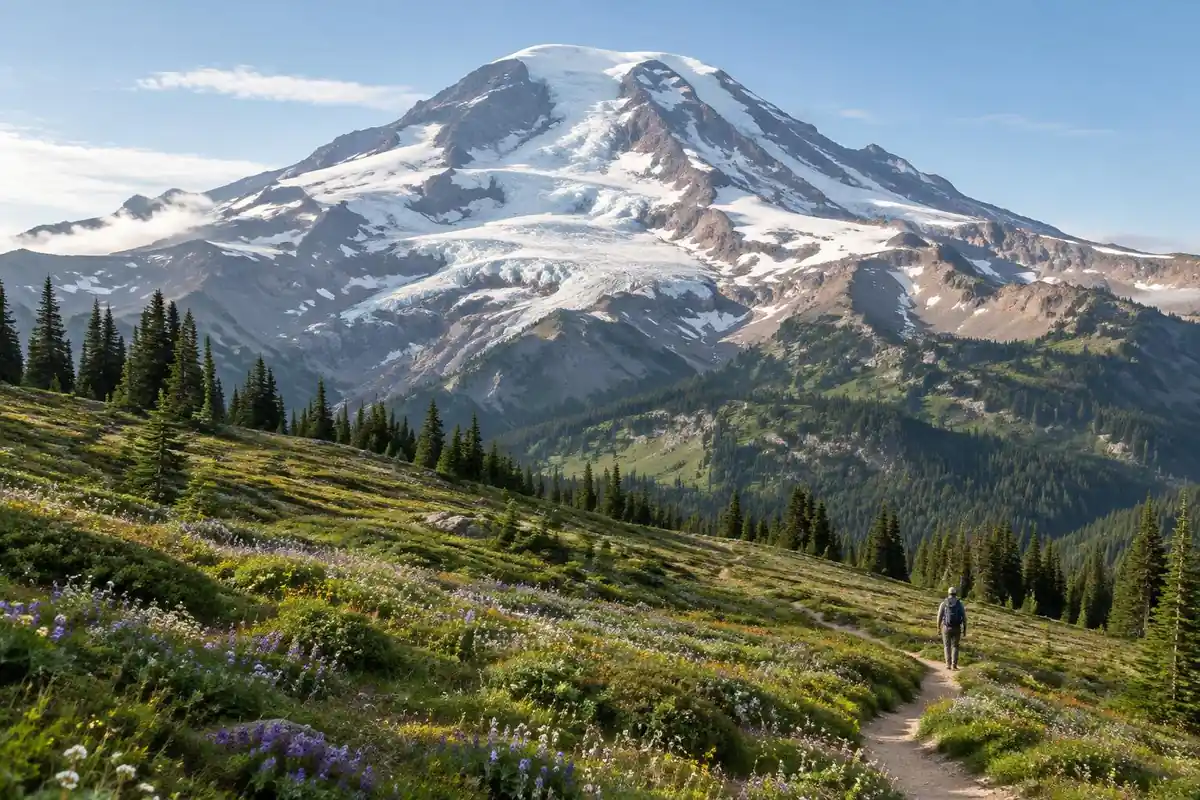 A snow volcano rising above a subalpine meadow ring with a trail loop curving below