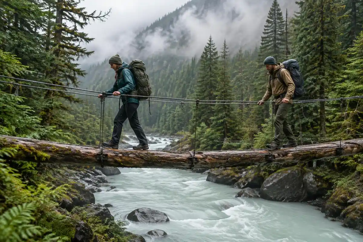 Backpackers crossing a suspension bridge over a glacial river with big packs