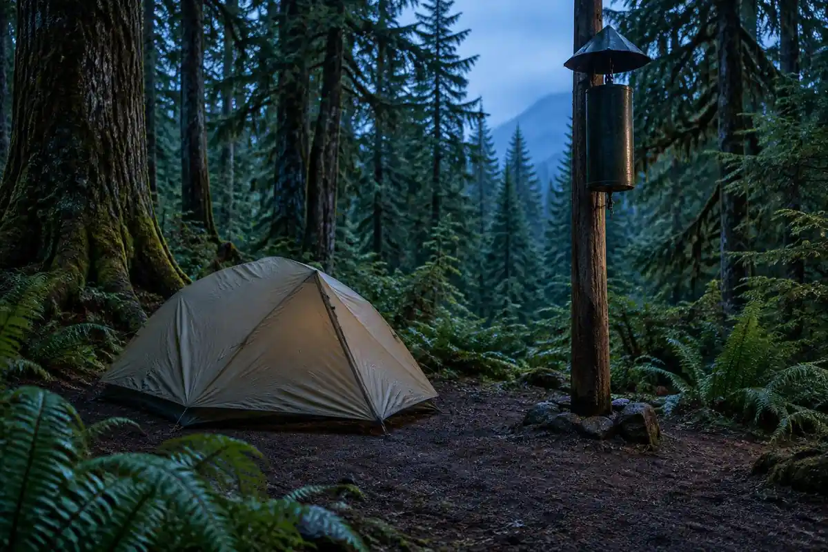 A small tent on a cleared pad beside a food pole in old-growth fir forest