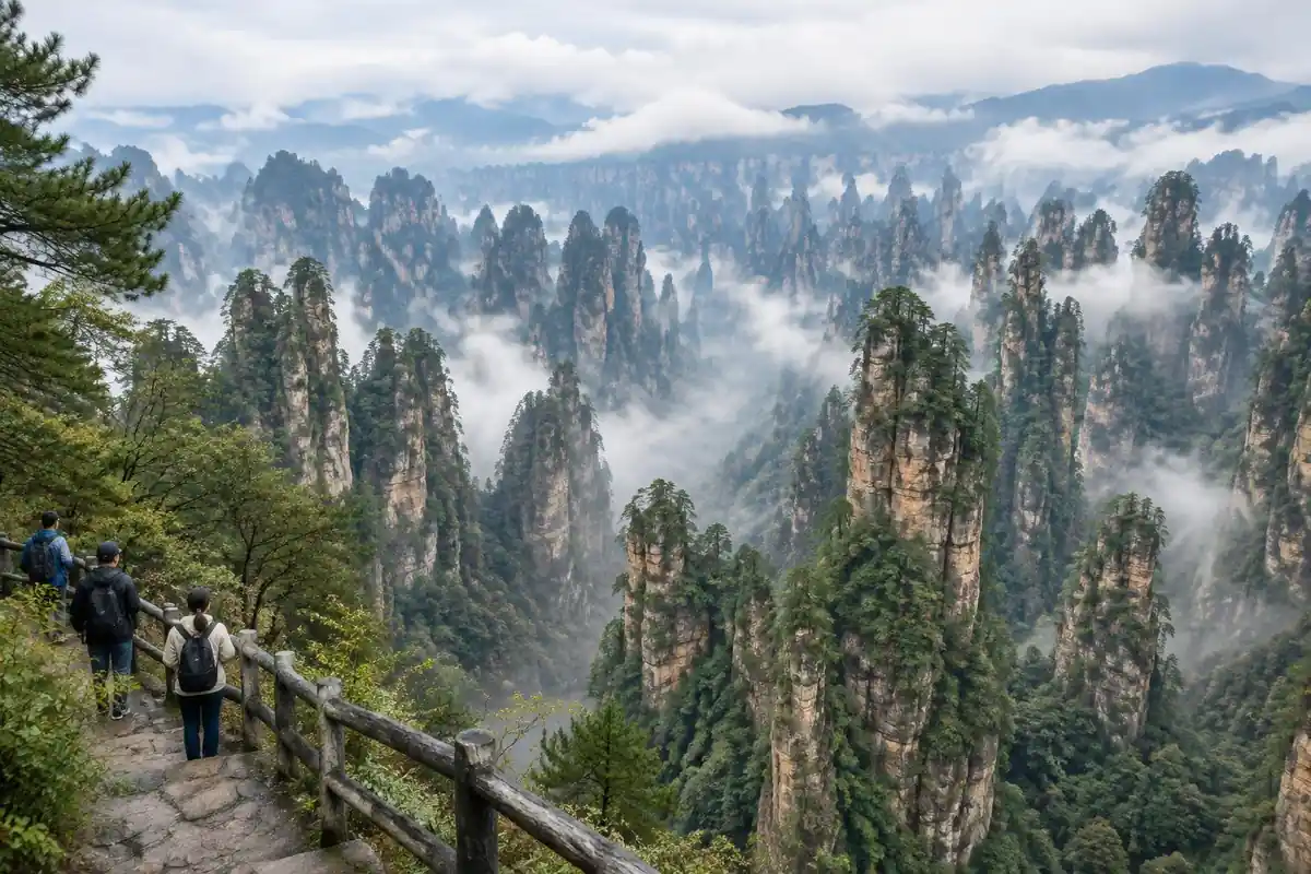 Tall forested sandstone pillars rising from a misty valley with walkers behind a railing