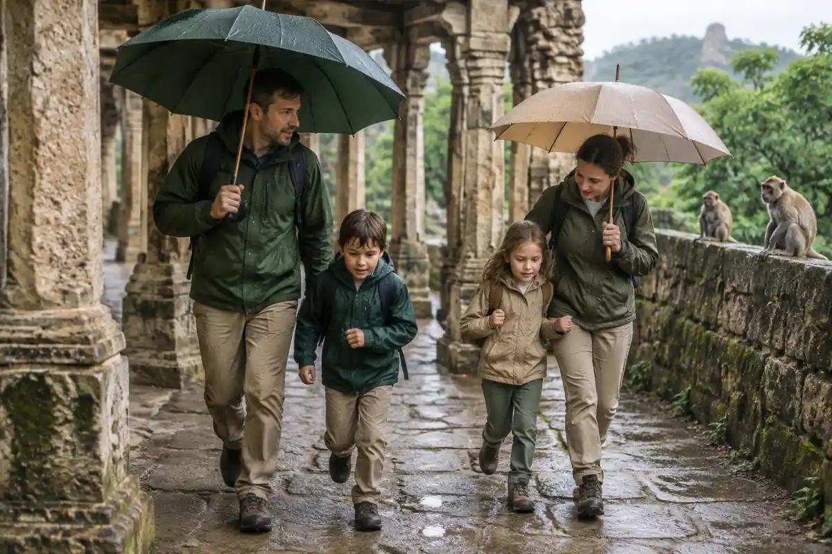 Family with children under umbrellas on a stone path beneath forested pillars
