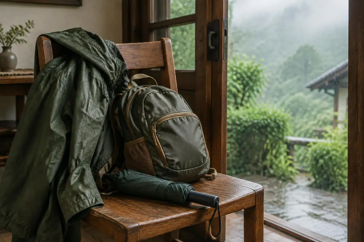 Rain jacket, folded umbrella and daypack on a chair at a village guesthouse