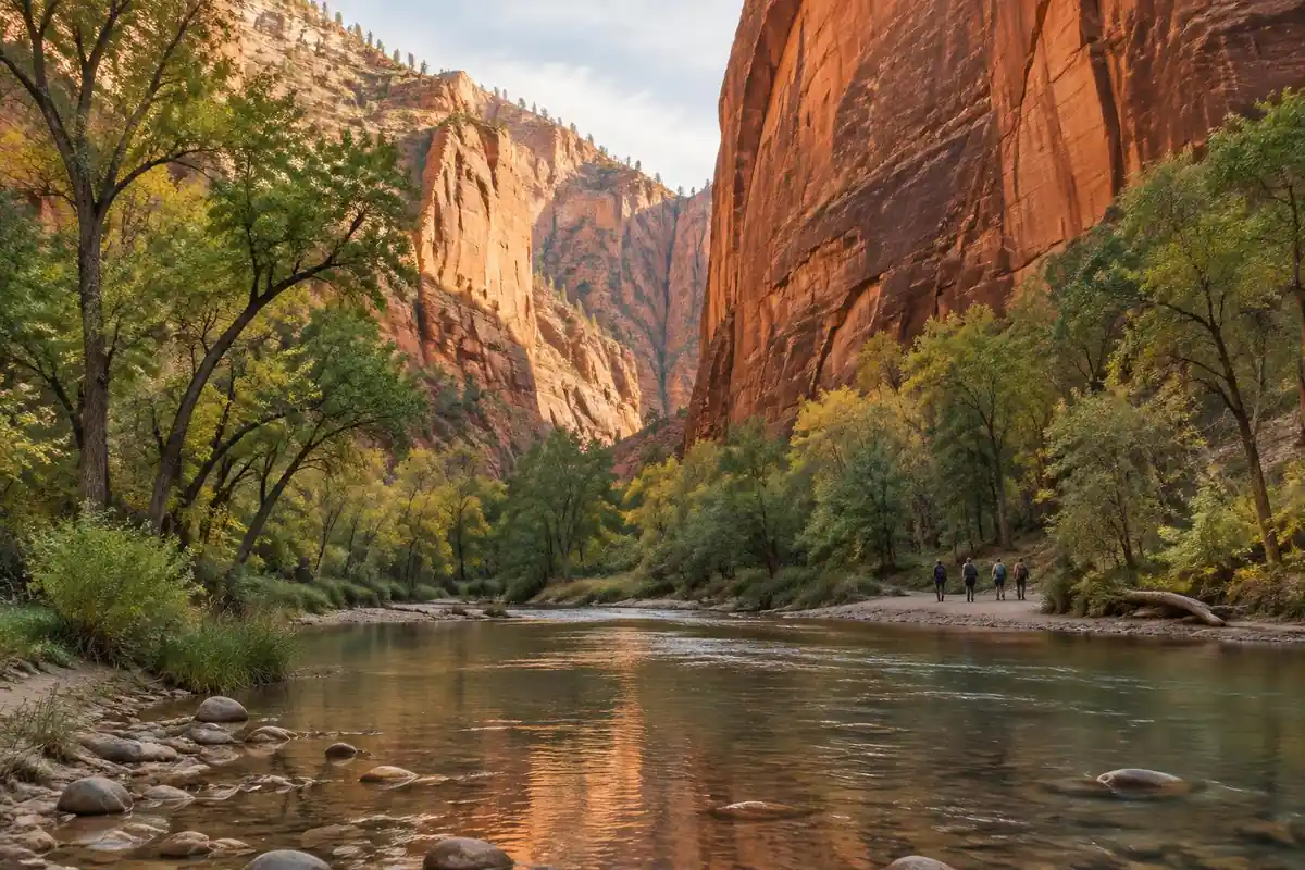 Red sandstone canyon walls with a river in a narrow slot and cottonwoods