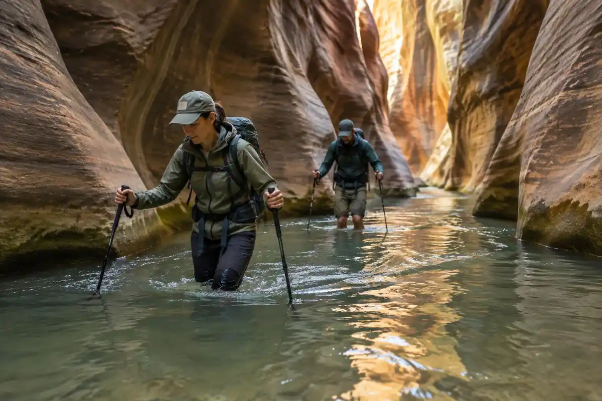 Hikers wading through a knee-deep river in a slot canyon with poles