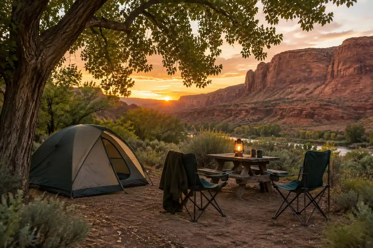 A campground tent under cottonwood trees below red cliffs at sunset