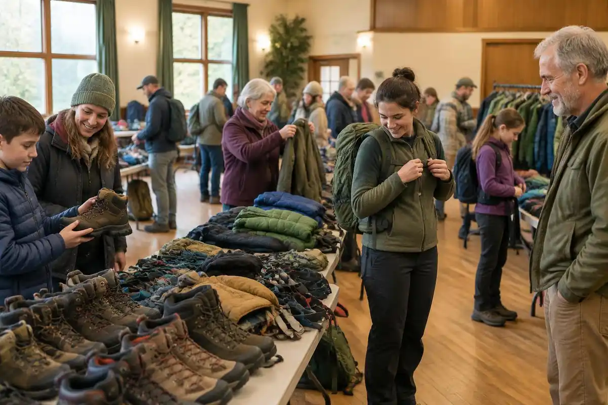 Friends sharing a secondhand-gear swap table at a community hall