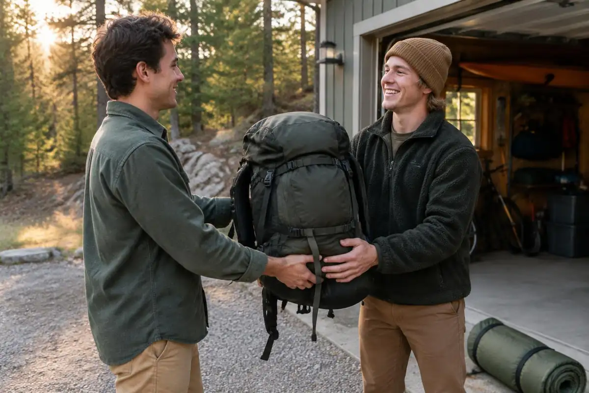 Young man handing a large pack across a counter to a friend at a garage door
