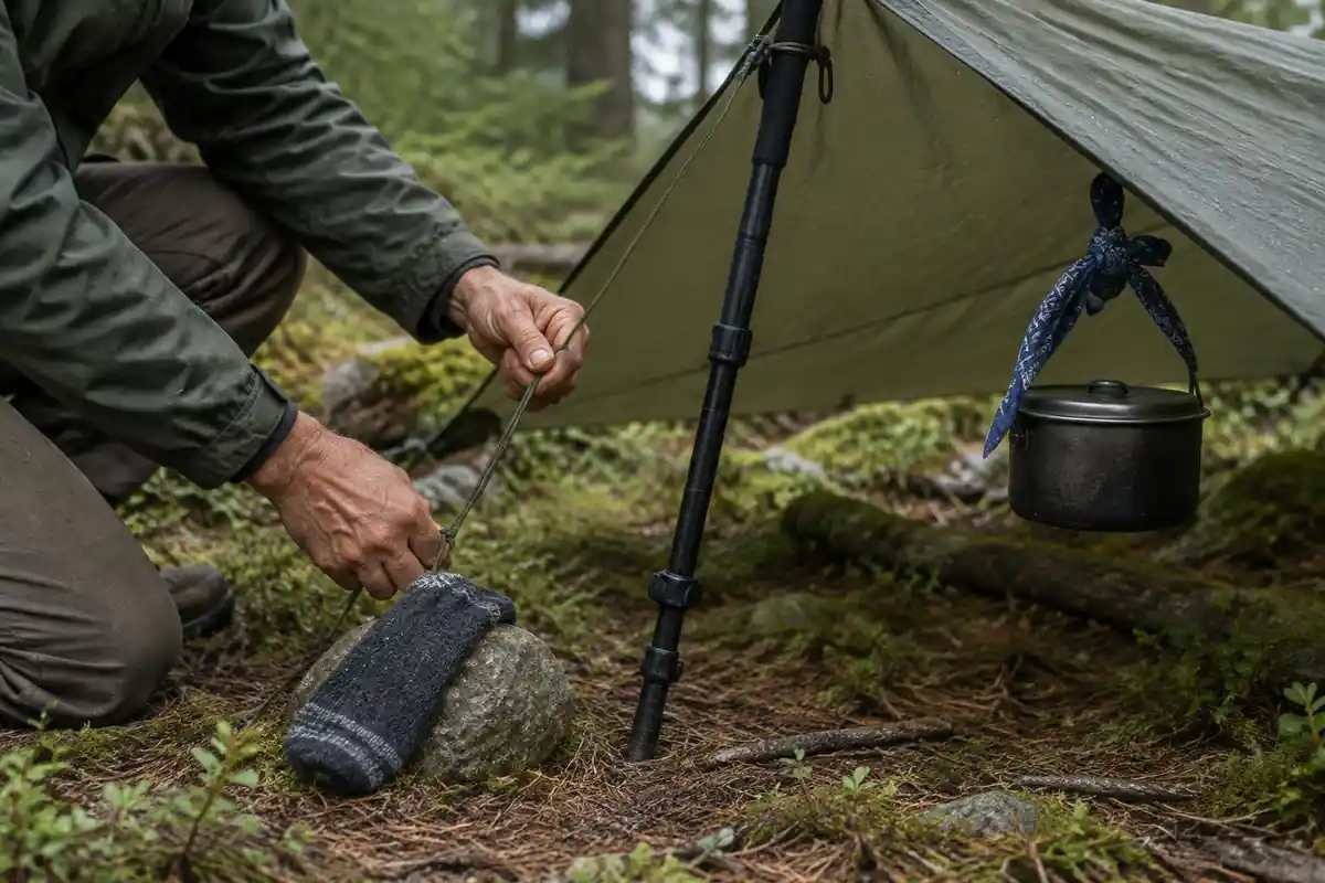 Hands using a trekking pole to prop a tarp beside a small pot and a spare sock as a mitt