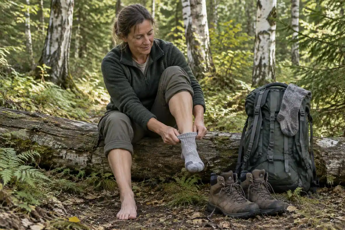 Hiker sitting on a log changing into dry socks with boots off