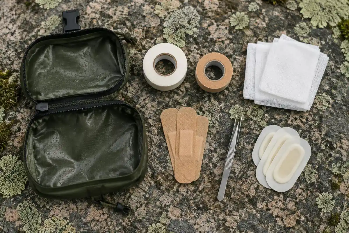 Open small zip pouch with bandages, tape and gauze on a rock