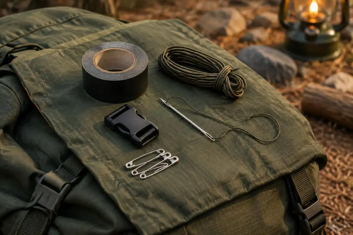 Small repair items laid on a folded pack: tape, cord, needle, spare buckle