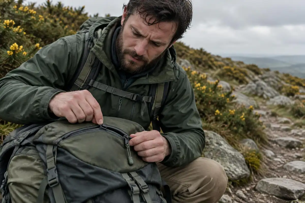 Man gently working a stuck zipper on a pack lid with his fingertips