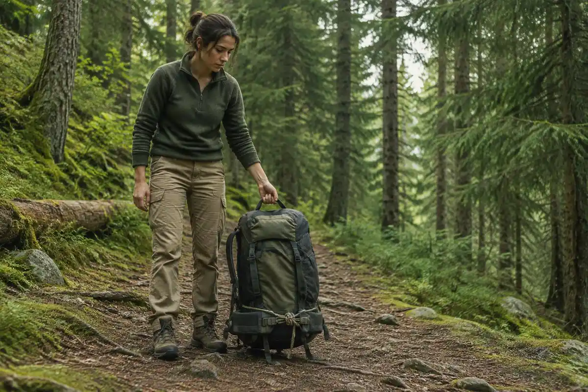 Hiker carrying a pack by the top handle with the hip belt tied off around a tree trunk