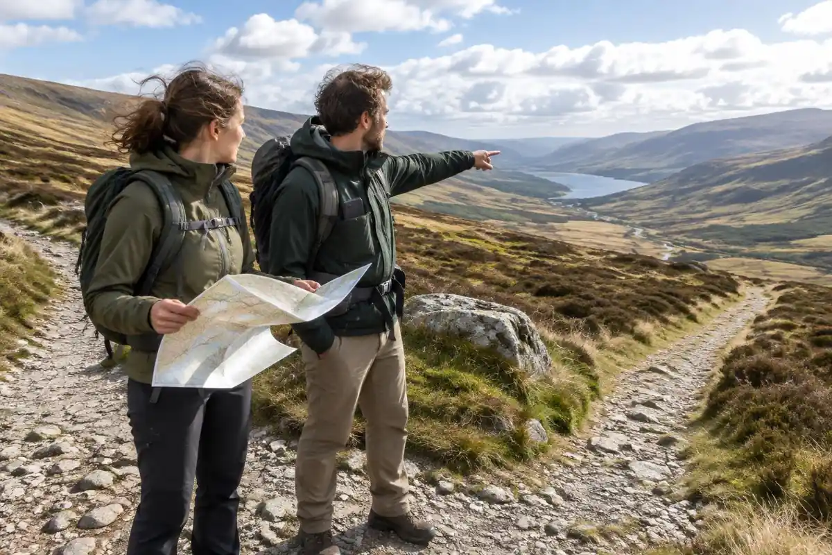 Two hikers at a fork studying a paper map with a phone in a pocket