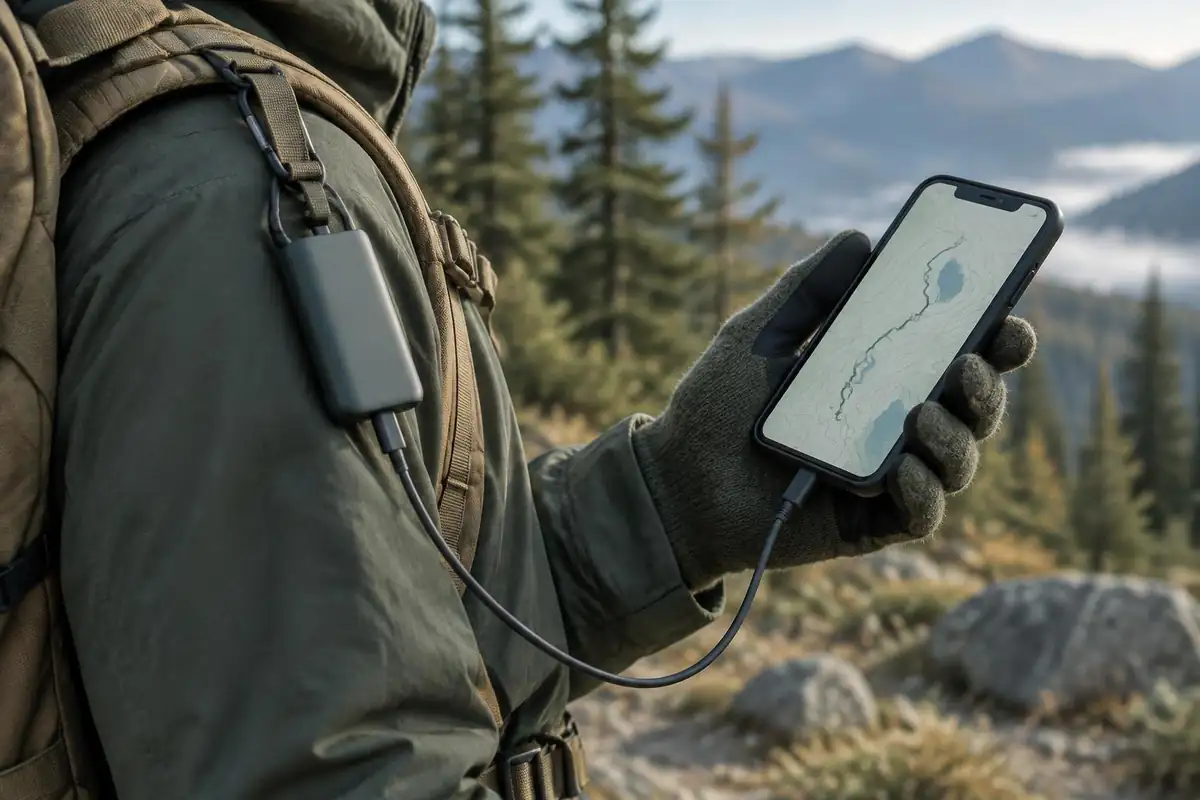 Phone in airplane mode held in a hand with a small power bank cable clipped to a strap