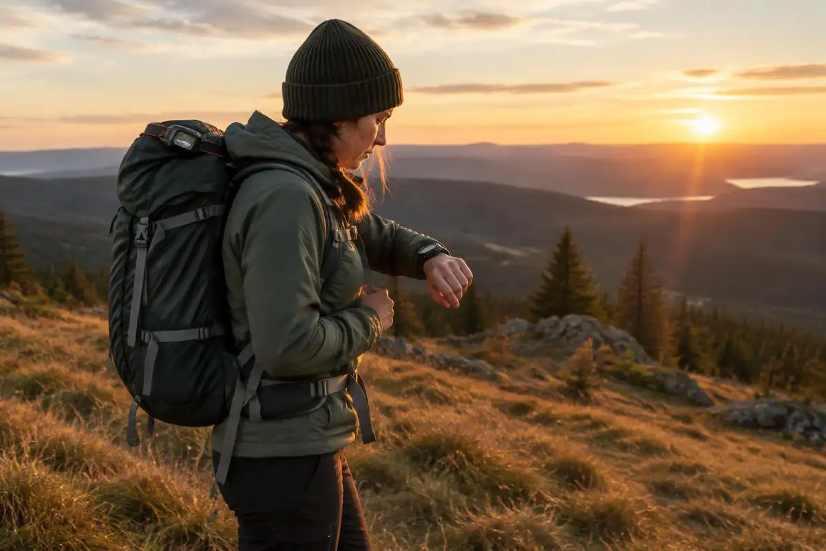 Hiker checking a watch at golden hour on a ridge, long shadows