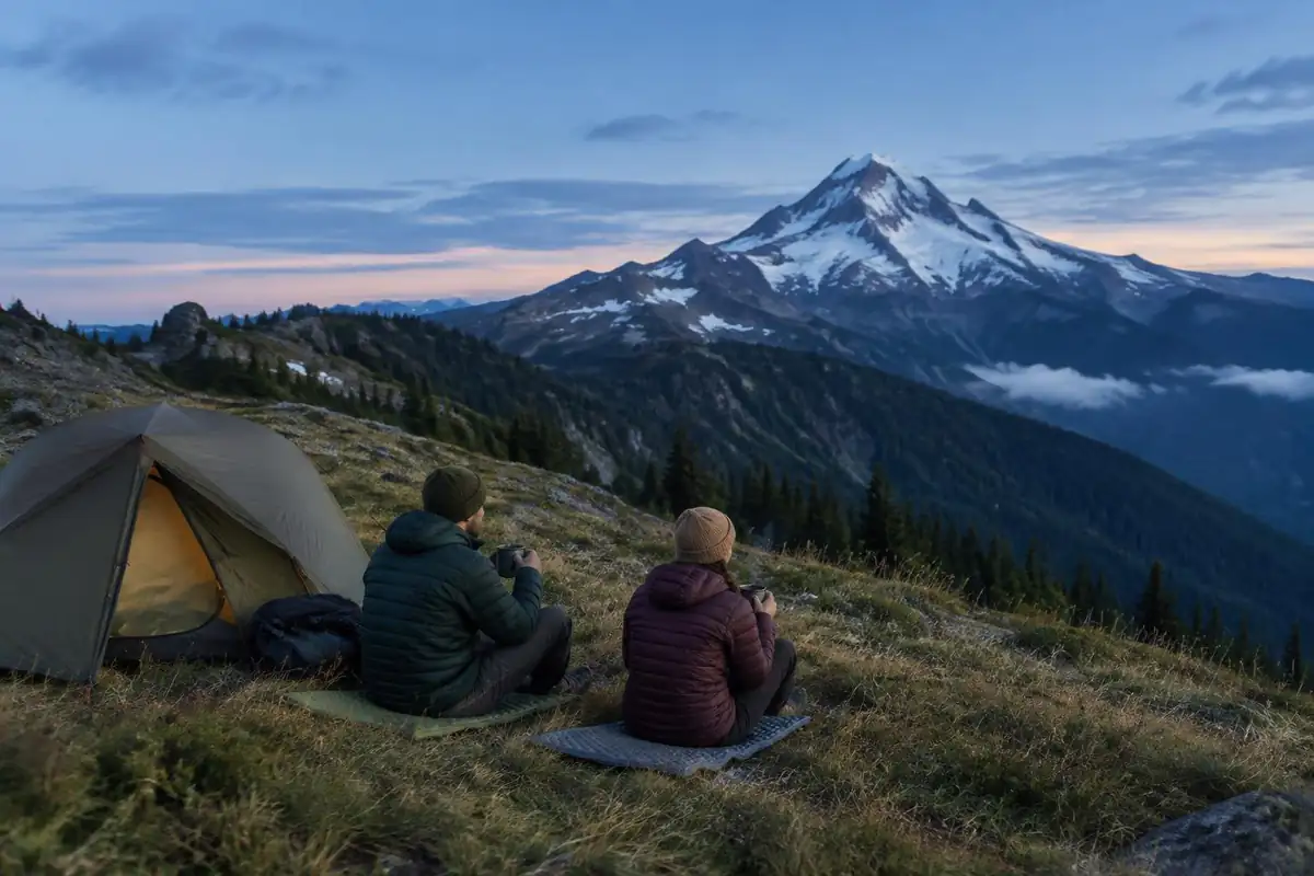Small tent camp on a lower saddle below a big peak at dusk