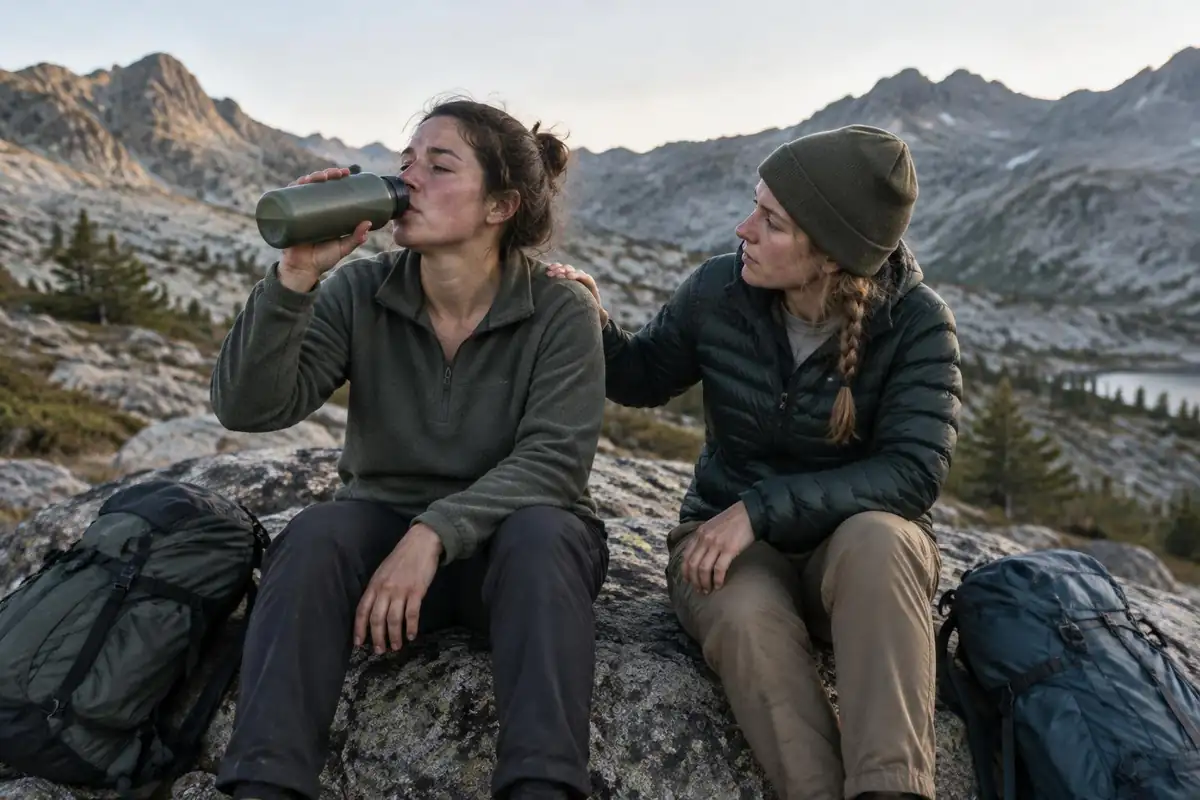 Hiker resting seated on a boulder, sipping water, companion sitting close
