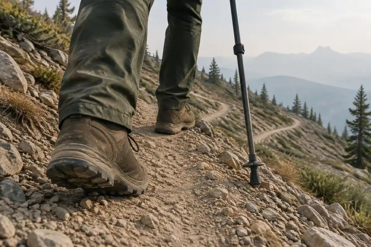 Boots stepping slowly on a switchback with a trekking pole planted