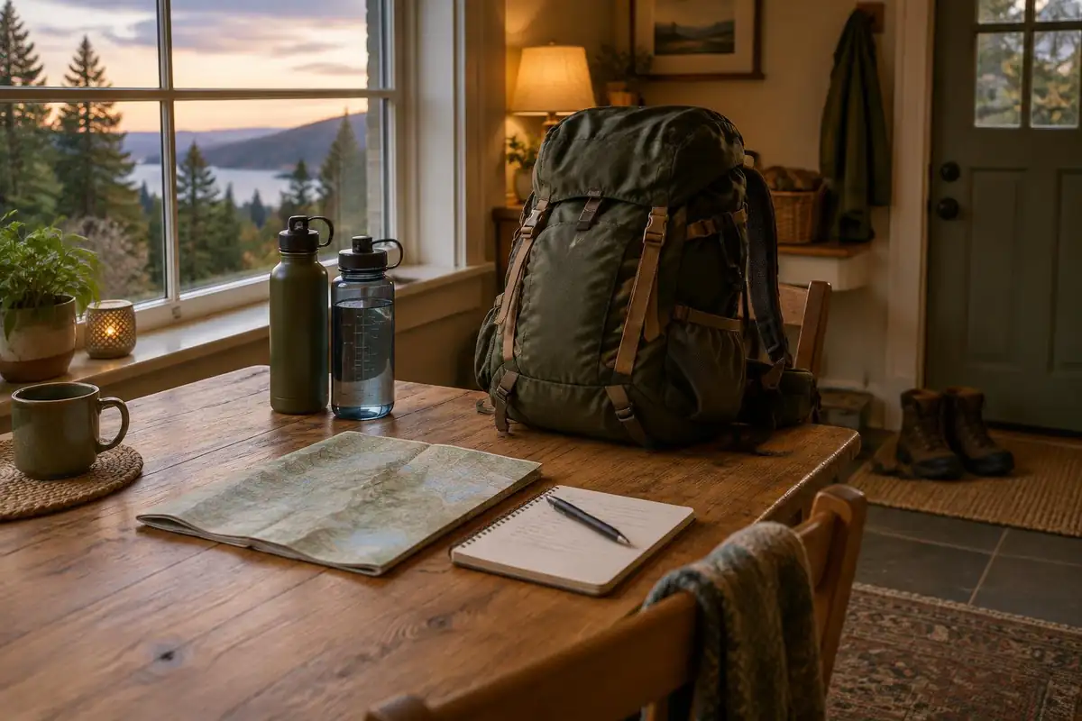 Kitchen table with map, filled bottles and a packed daypack the night before