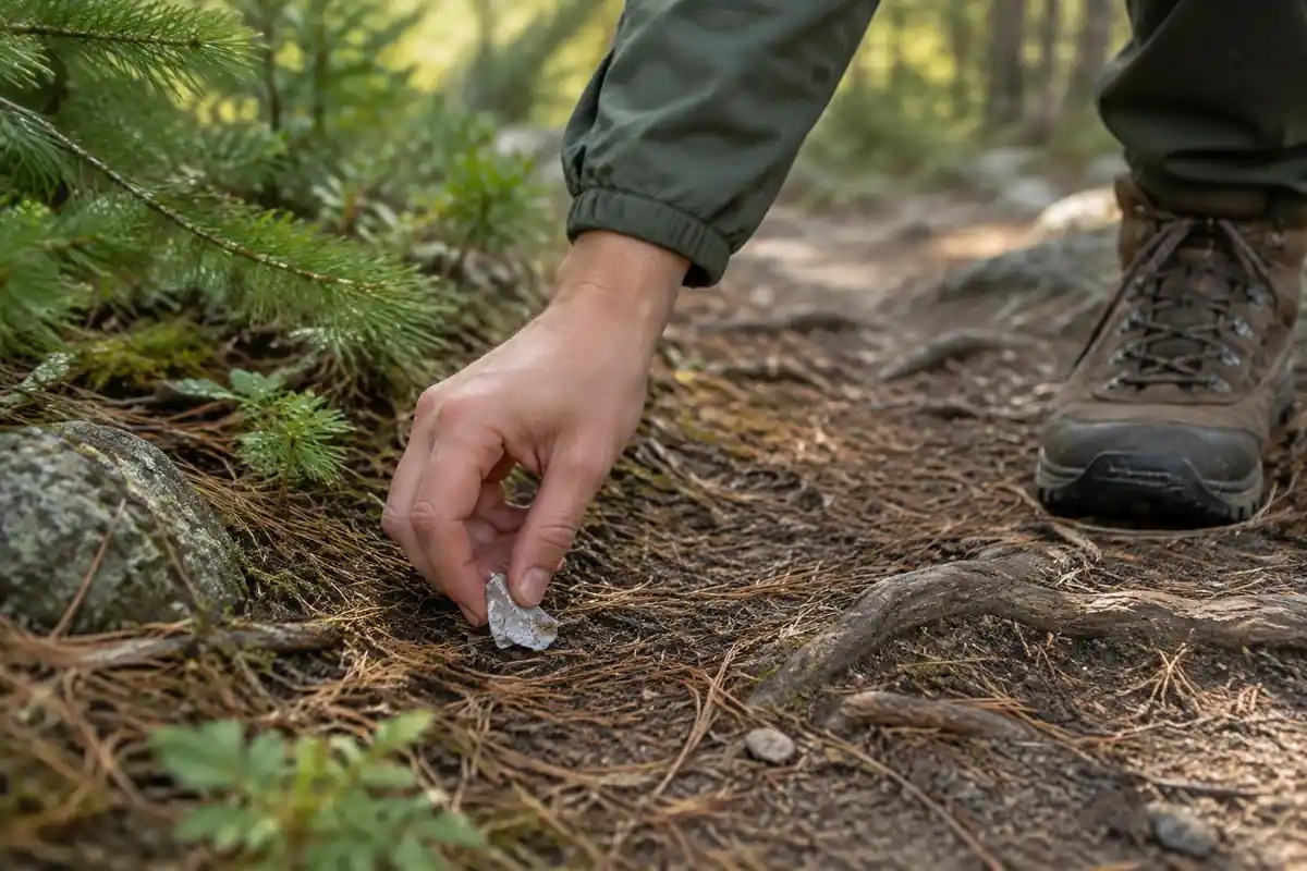 Hand picking up a small candy wrapper from beside a trail