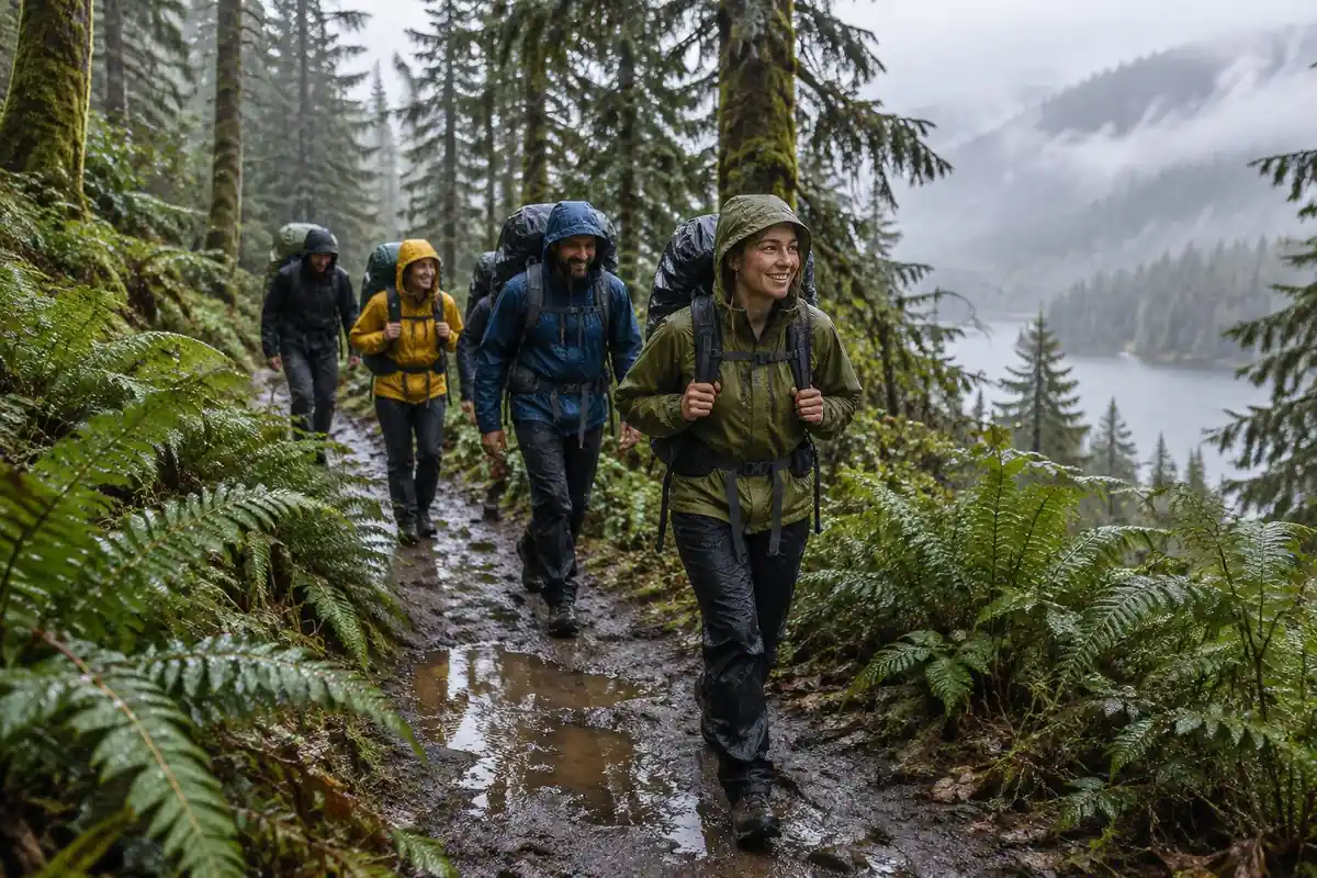 Small group in colorful rain jackets on a misty wet forest trail