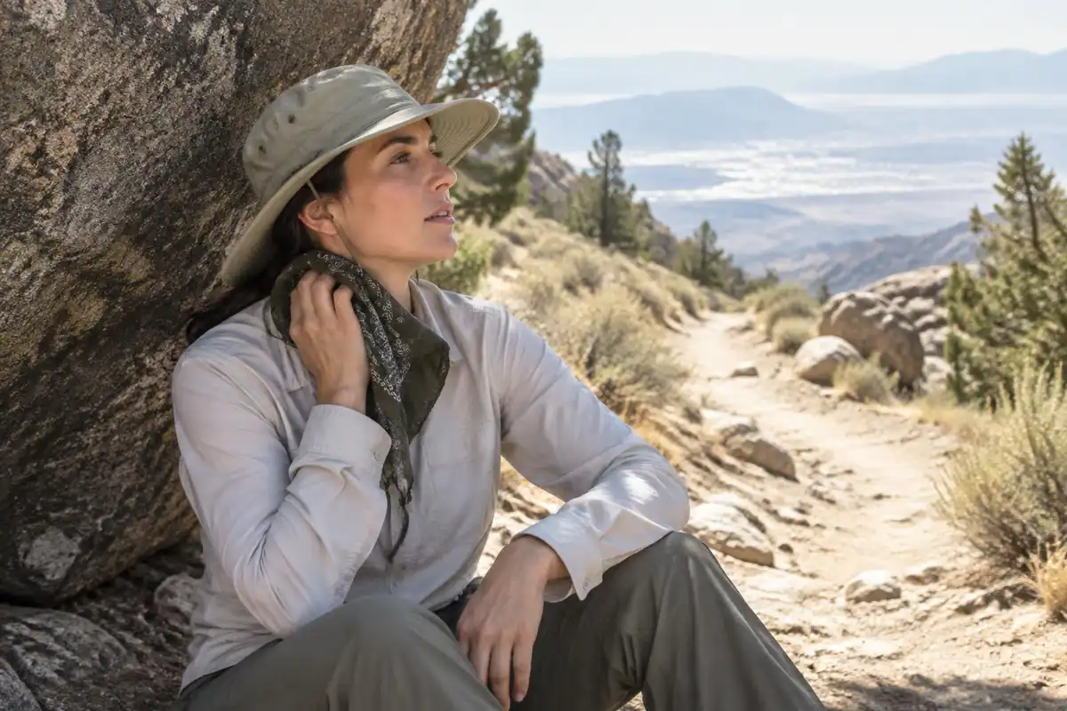 Hiker pouring water over a bandana on her neck in bright shade of a rock