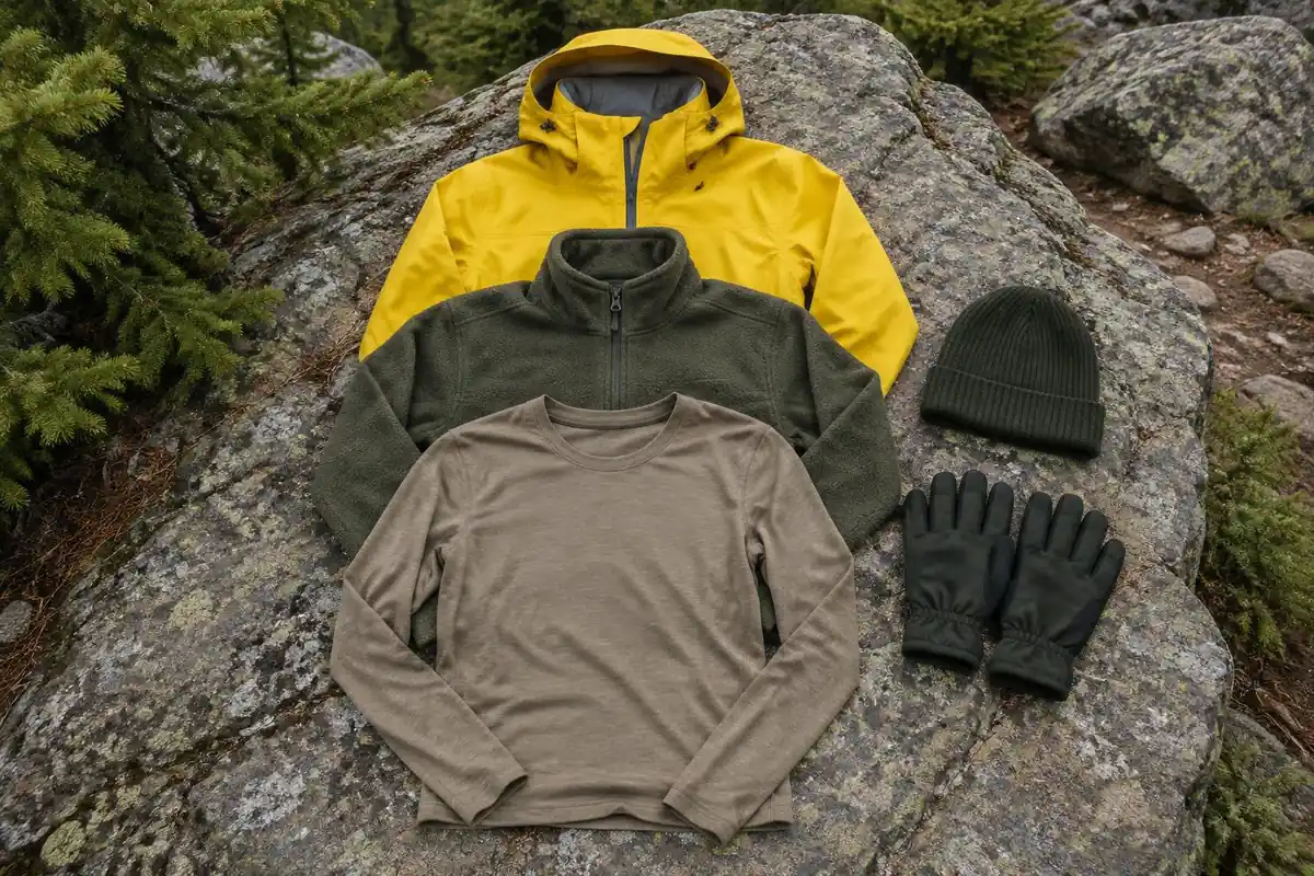 Three layers spread on a flat rock: base, fleece and rain shell